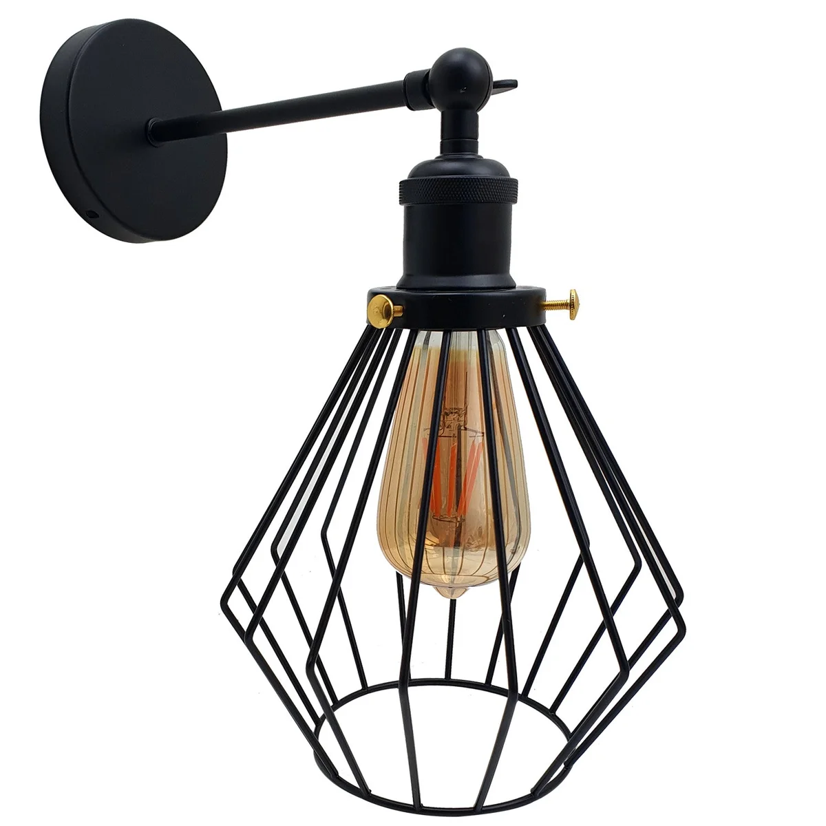 Black iron industrial wall lamp with adjustable metal wire cage shade hanging from wall, bright E27 bulb holder.