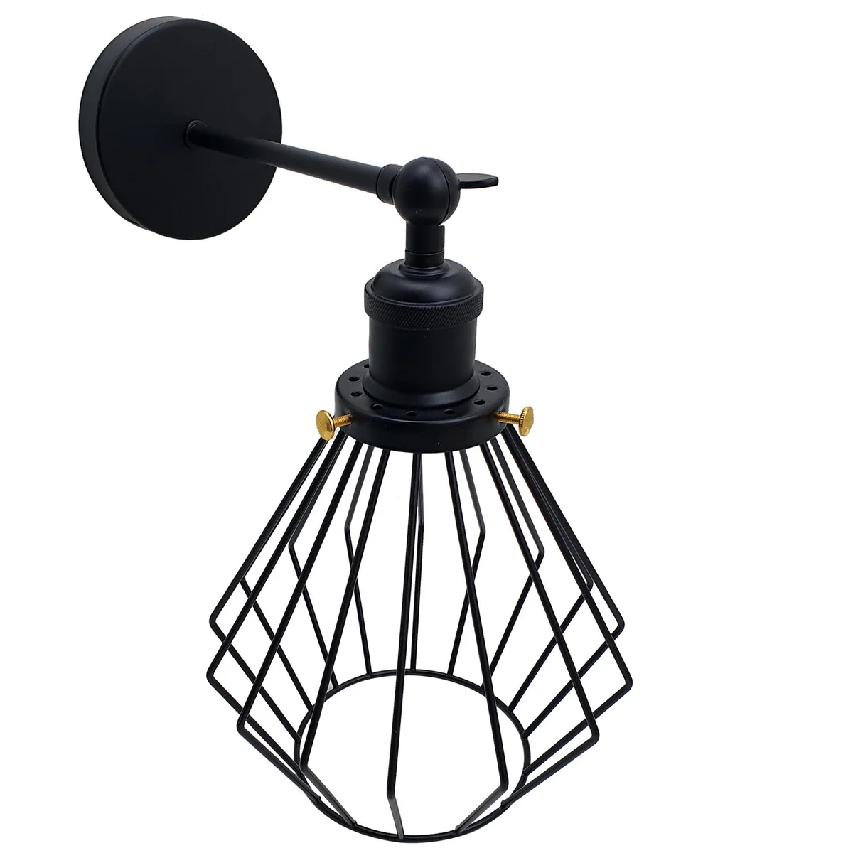 Retro metal wall light with iron cage shade in black, adjustable arm, E27 bulb holder.
