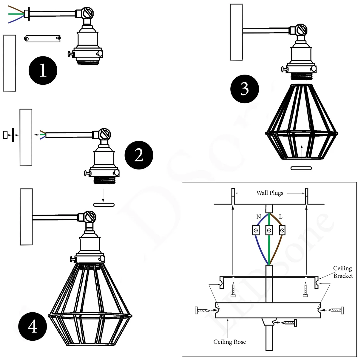 black iron industrial E27 bulb wall sconce with wire cage shade, adjustable arm—modern vintage style