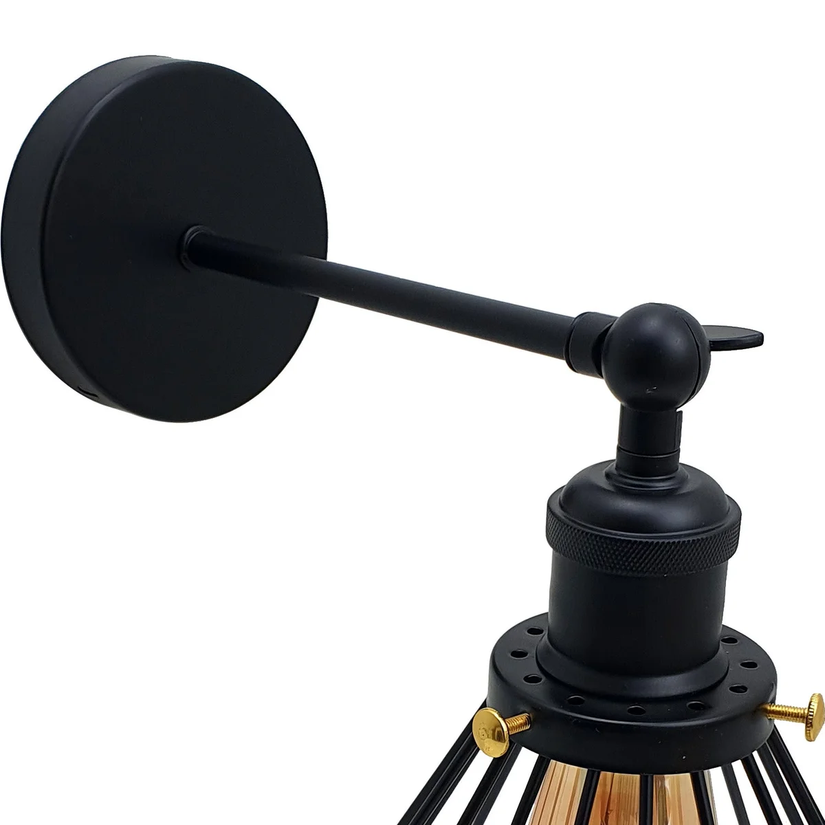 black iron wall lamp with metal wire cage shade and adjustable arm, typical vintage industrial lighting