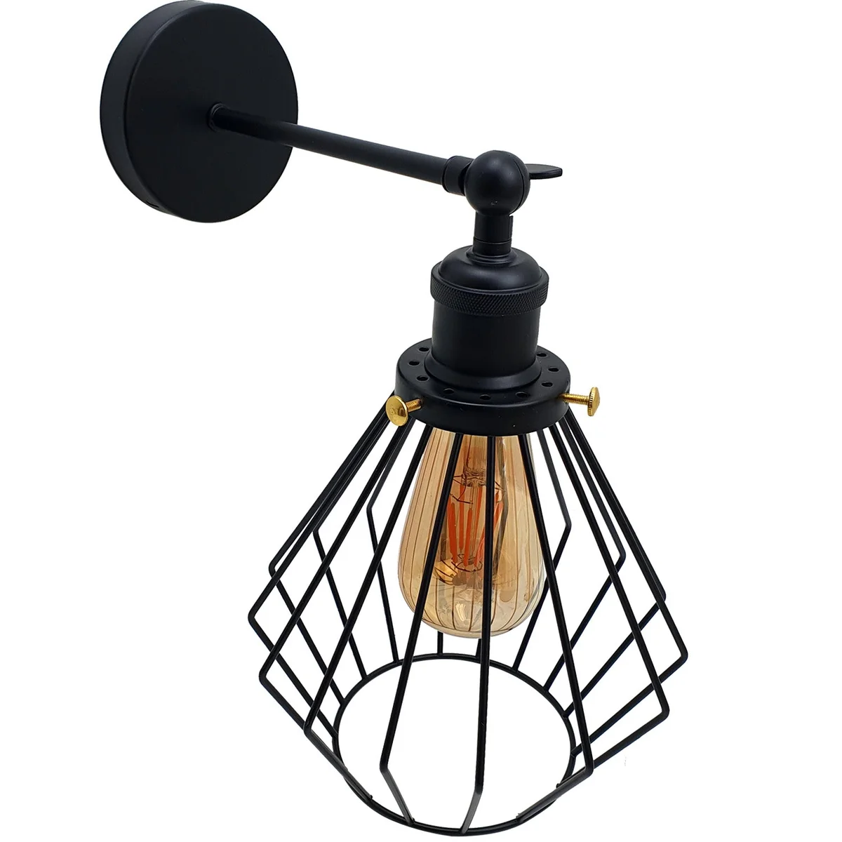 Black metal wall lamp with vintage industrial design, open metal wire cage shade, adjustable sconce arm.