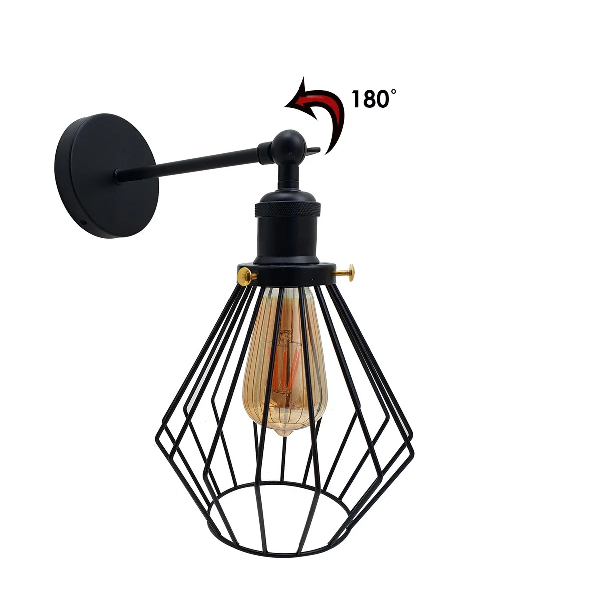 Vintage industrial wall lamp featuring a black metal wire cage shade with adjustable arm