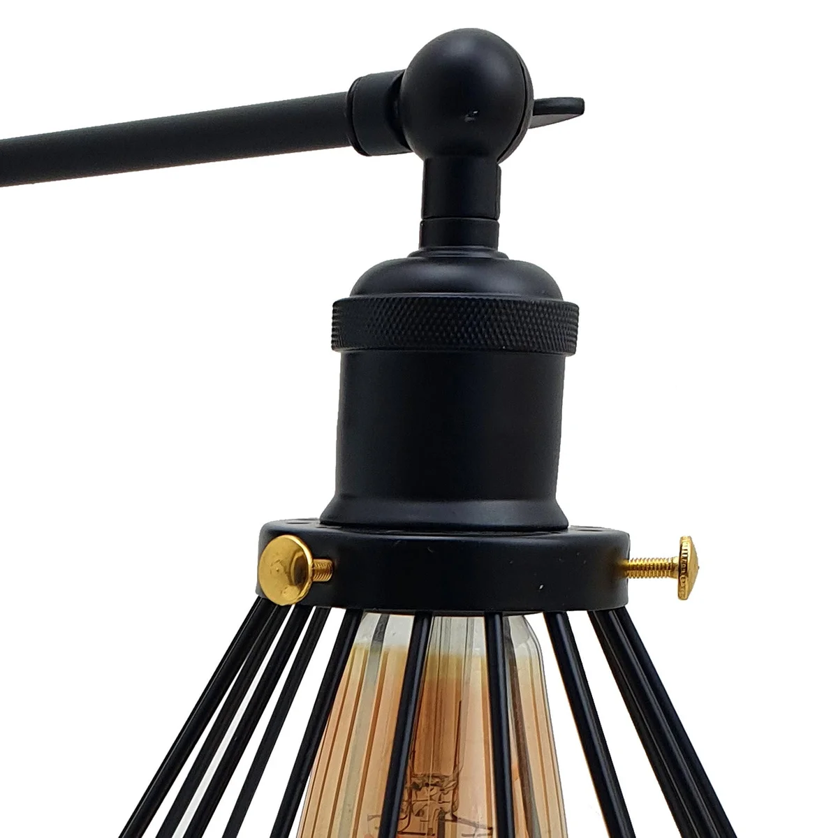 Black iron industrial wall lamp with open metal wire cage shade, adjustable sconce arm and sleek finish.