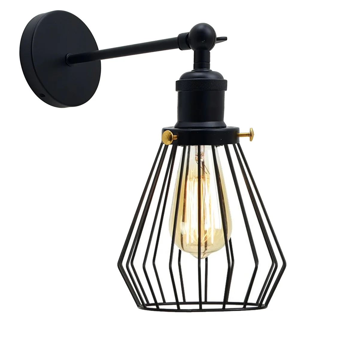 Industrial wall lamp with a black metal cage shade, adjustable arm, vintage industrial style.