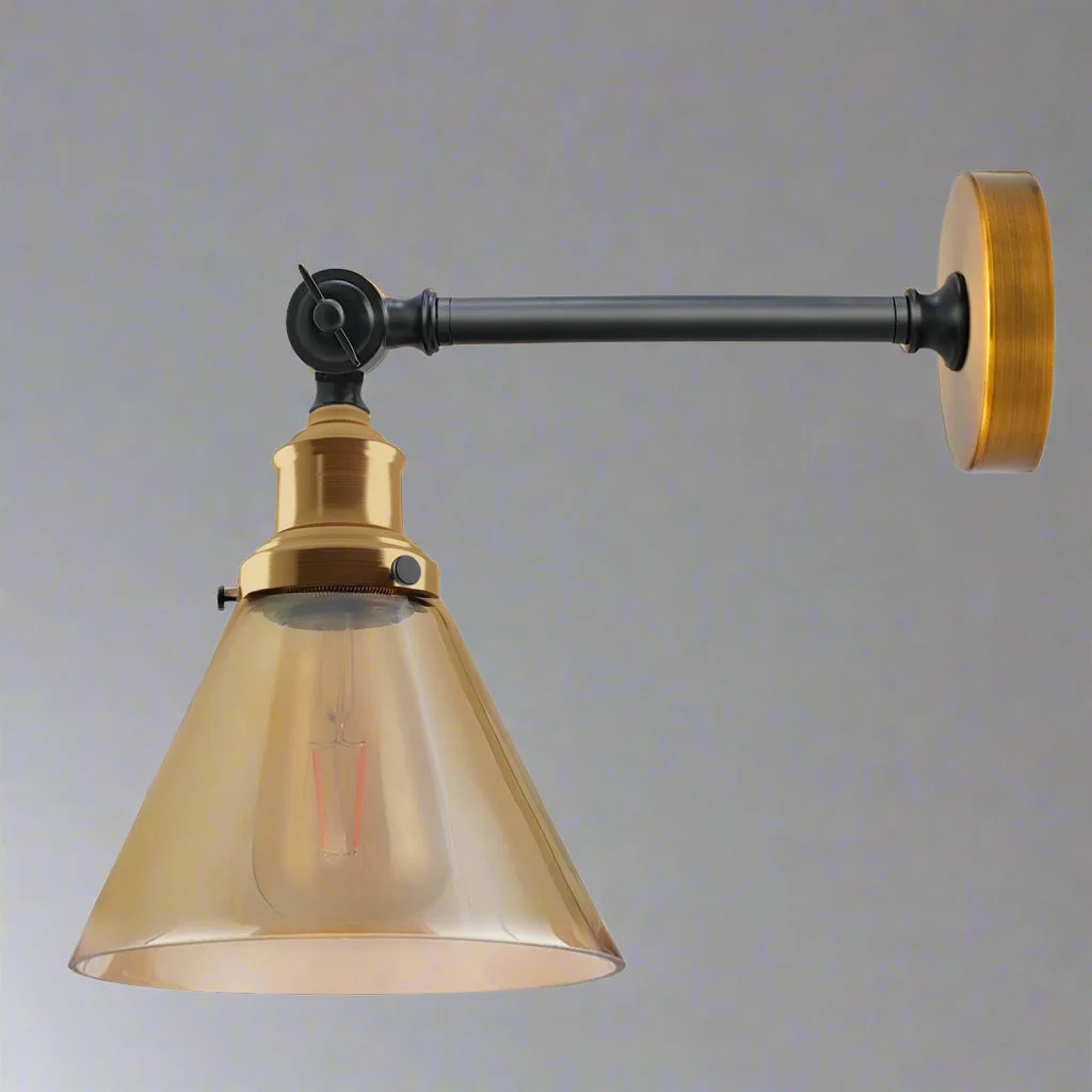 Adjustable vintage wall lamp featuring an amber glass wall light and copper-plated base, set against a neutral wall.