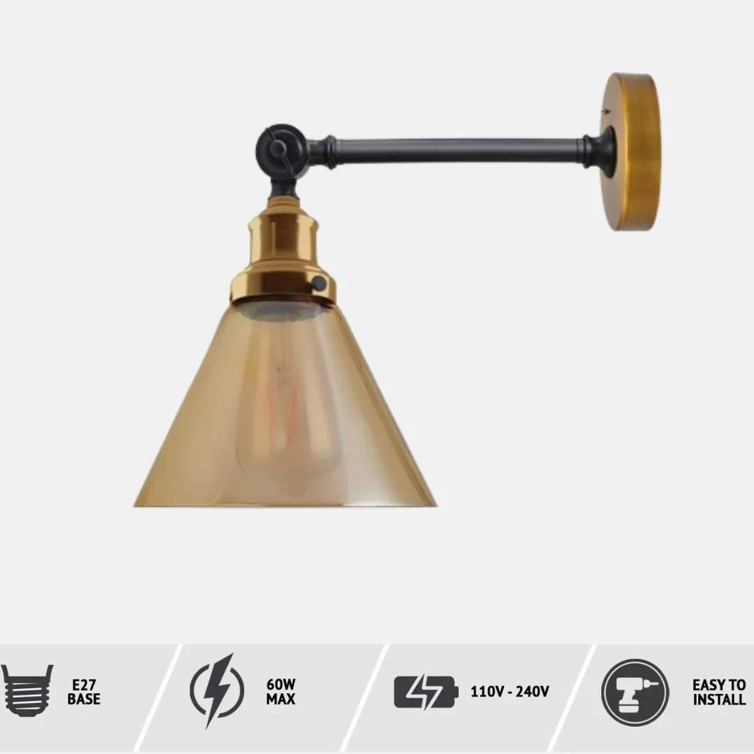 Amber glass wall lamp on copper base, energy efficient wall light with vintage industrial design.