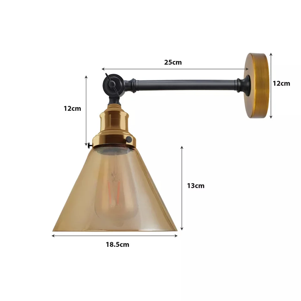 Copper base wall light with amber glass shade,vintage industrial style, adjustable mounting – lightweight, energy efficient A+