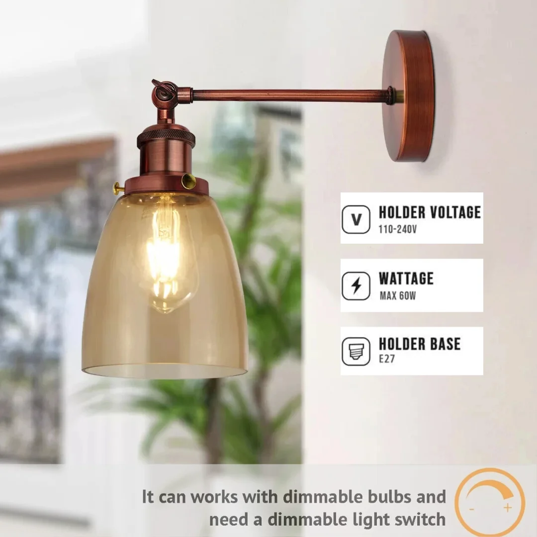 Adjustable amber glass wall light with copper-plated base, sleek modern design.