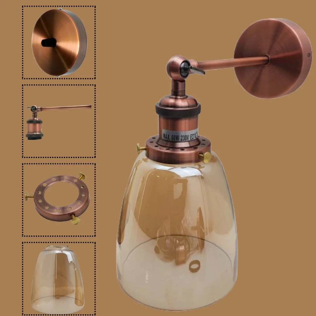 Modern wall sconce with amber glass shade and copper plate base, wall-mounted, sleek and stylish