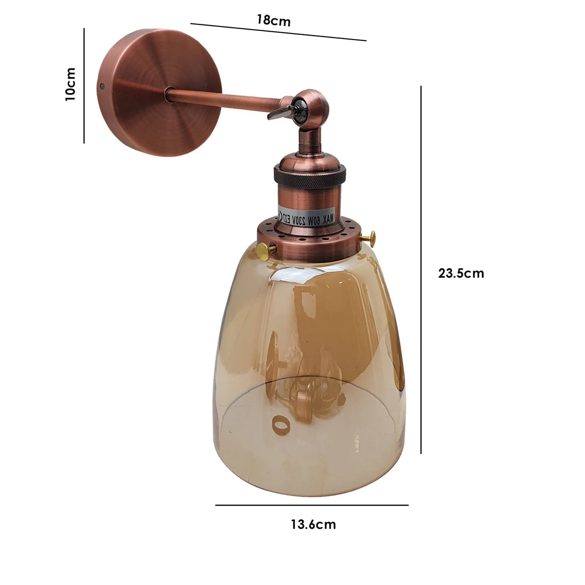 Amber glass wall sconce with copper base wall light, bell shape, 23.5 cm tall, 10 cm ceiling rose, 13.6 cm glass diameter