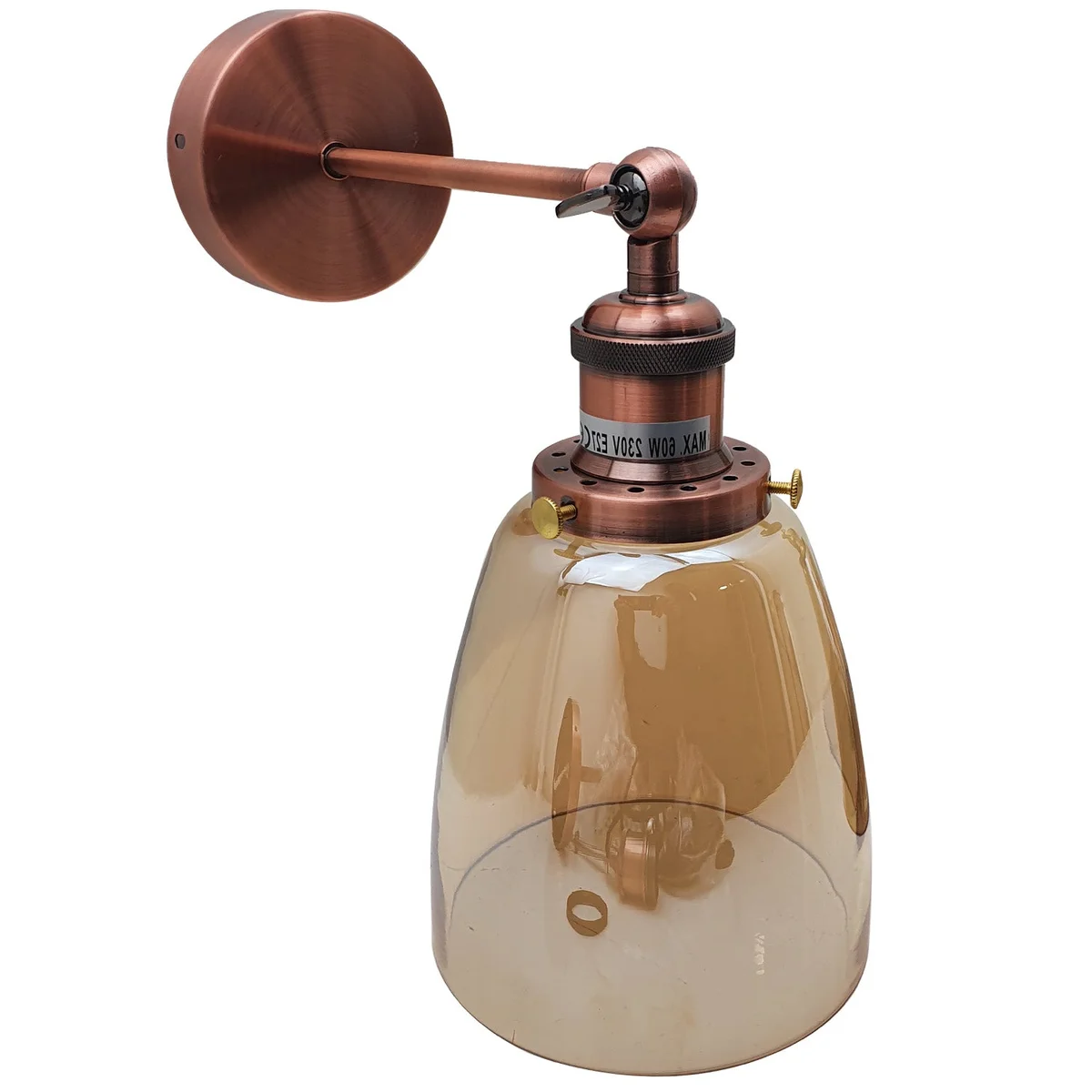 Modern adjustable amber glass wall light with copper base, dimmable amber light, 23.5 cm tall, 10 cm ceiling rose, 13.6 cm glass