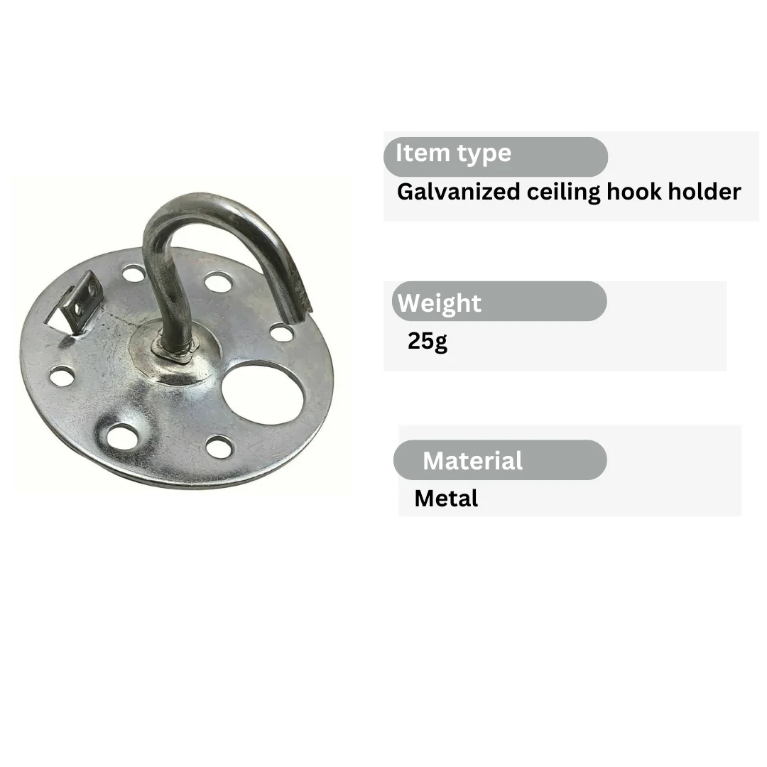 Heavy duty ceiling hook made of metal, weighing 25g, seen hanging from ceiling, supports up to 8kg