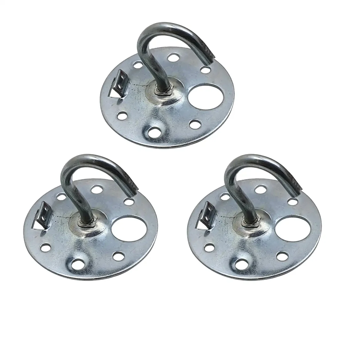 Galvanized ceiling hook assembled on a metal frame, ready for mounting, with screw end visible.