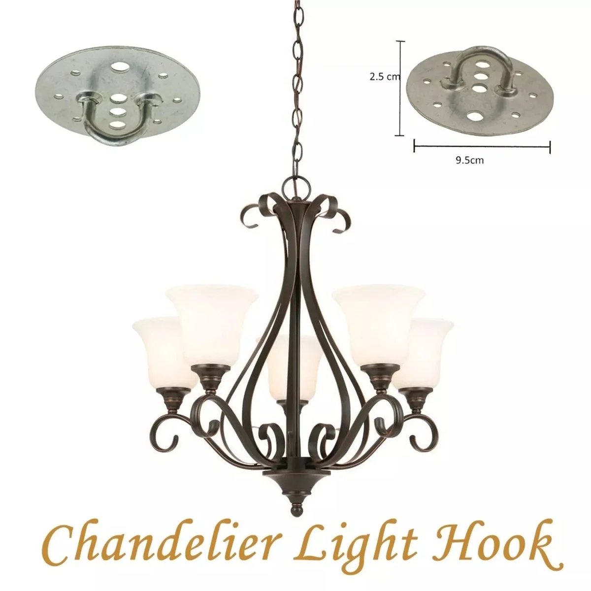 Silver metal ceiling hook pendant with multiple screw holes, 2.5 cm high and 9.5 cm wide, for indoor/outdoor hanging