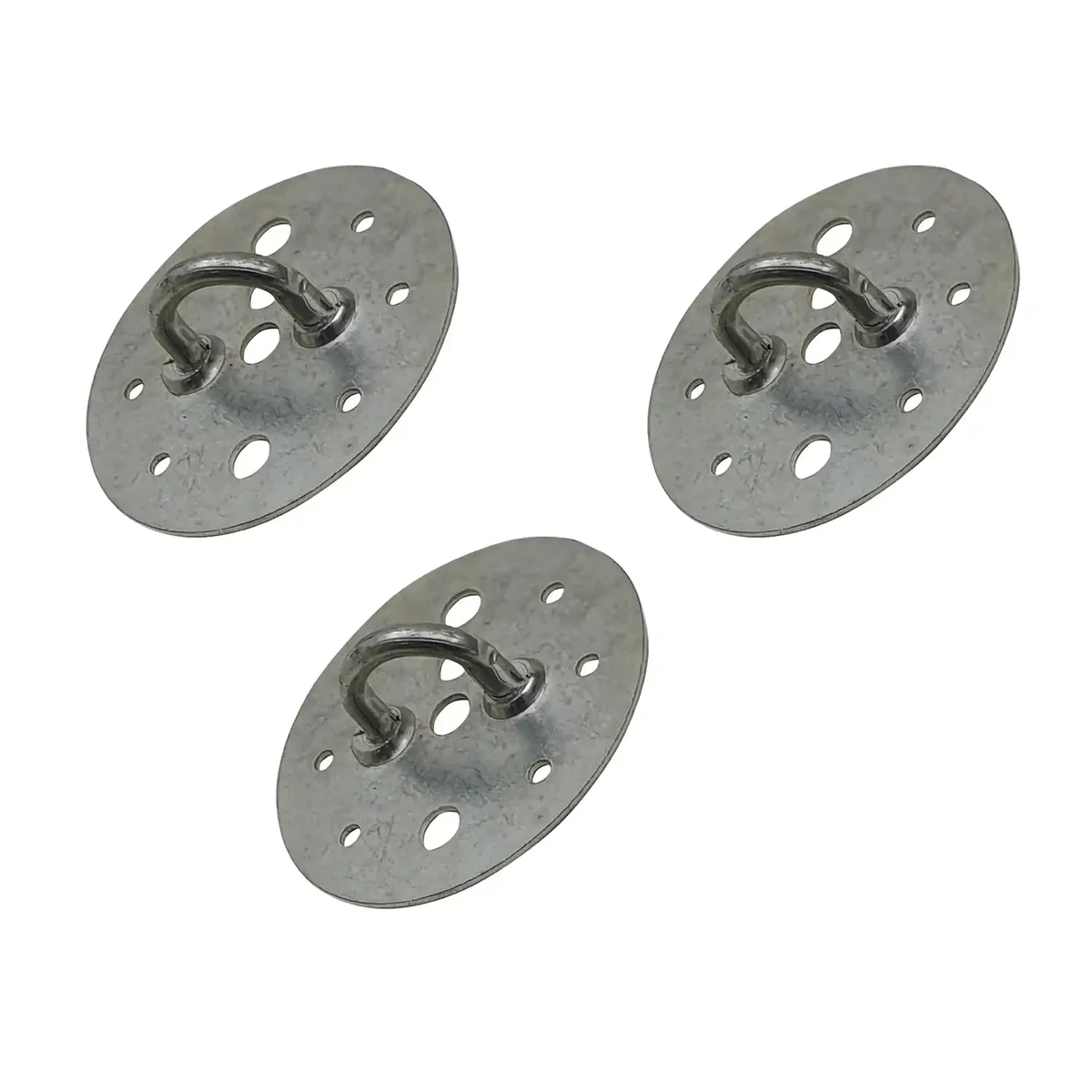 Silver galvanized pendant light hook with multiple screw‑in holes, 2.5 cm tall, 9.5 cm wide, for secure ceiling attachment.