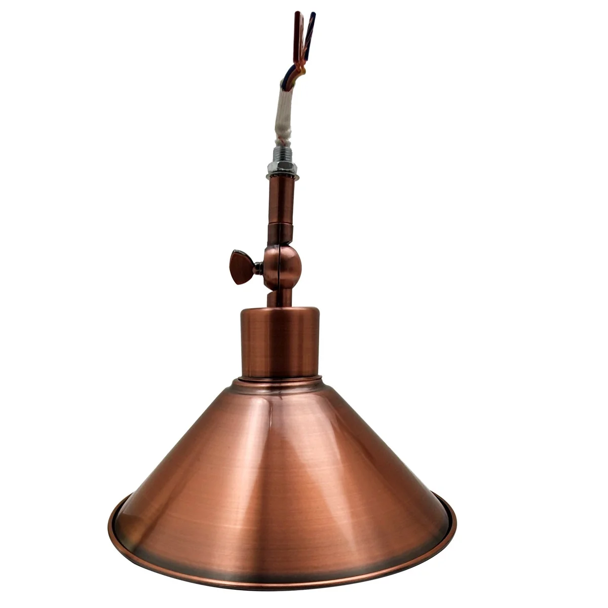 Metal pendant light with copper or green brass shade, 10cm ceiling rose, showcasing vintage industrial lighting
