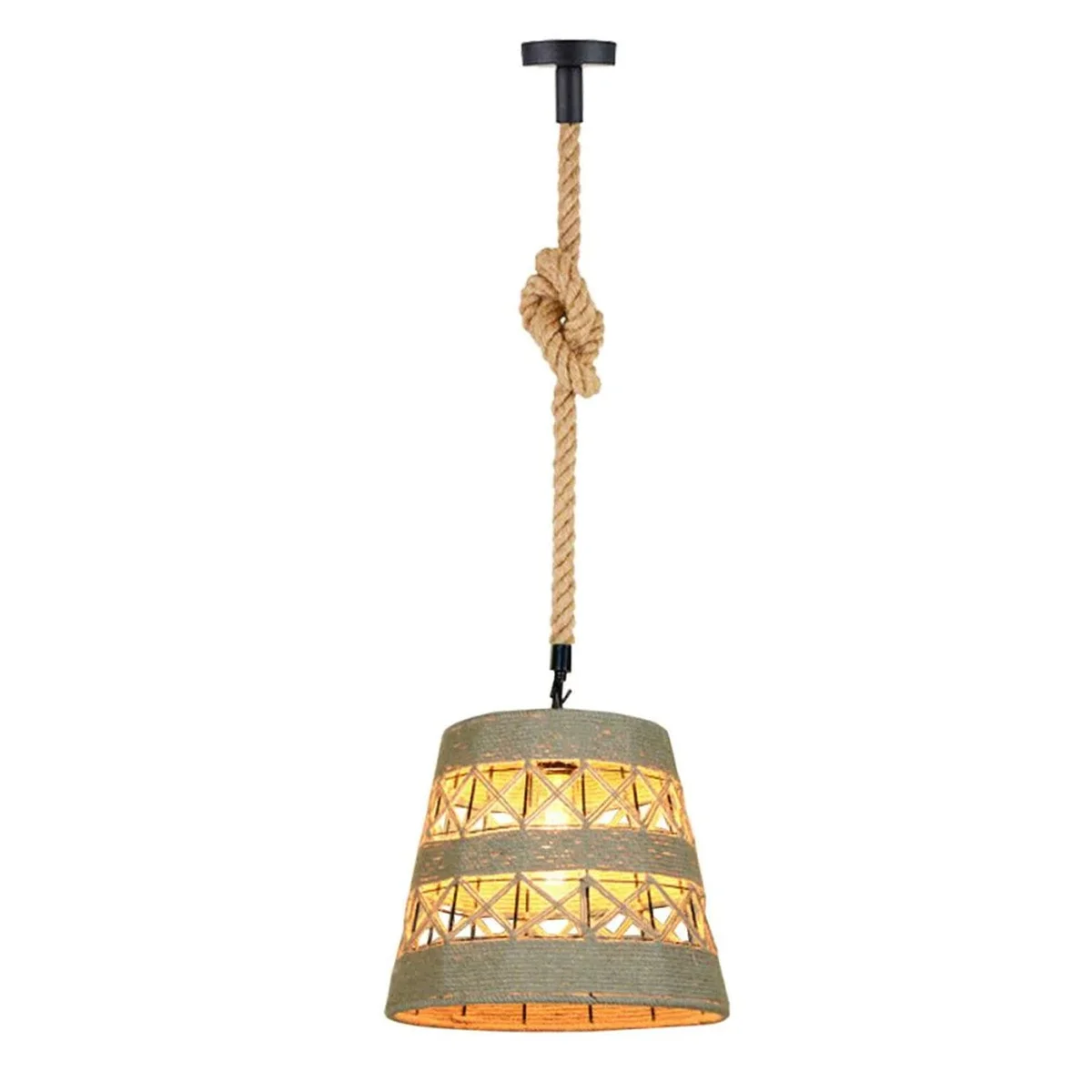 Hand‑woven conical hemp rope pendant light, adjustable hanging lamp, nautical knot, 31cm wide cage, black metal ceiling rose