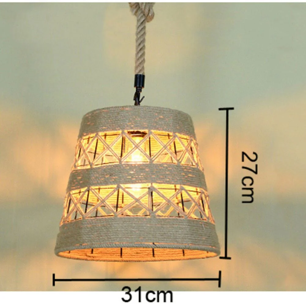 Hand‑woven hemp rope conical lamp with black metal rose and adjustable knot, a stylish E27 bulb pendant.