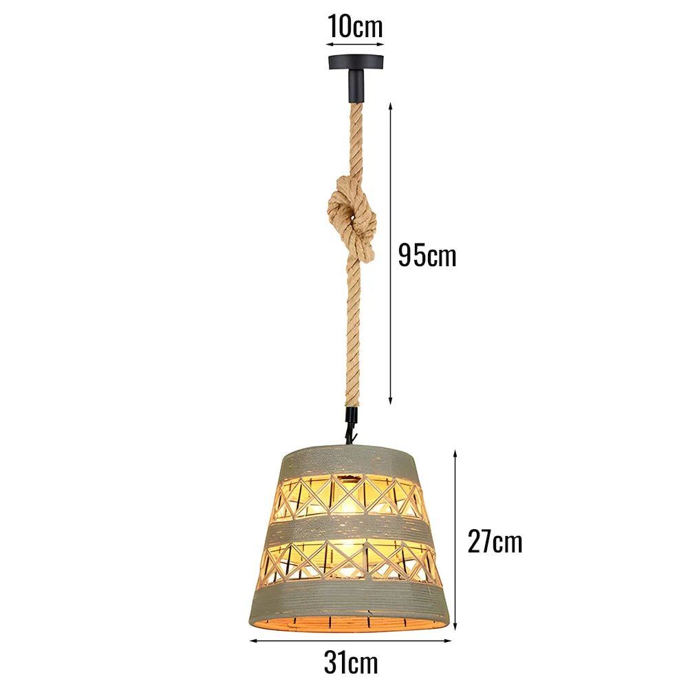 Vintage conical hemp rope pendant light with 31 cm hemp rope cage, black metal rose and 95 cm adjustable cord