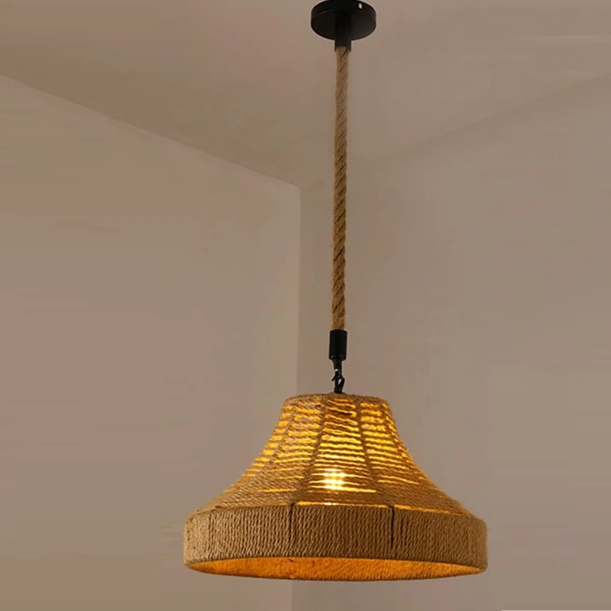 Modern hemp rope ceiling lamp with metal hook, cage‑shaped hemp rope shade, E27 bulb holder, dimmable pendant.