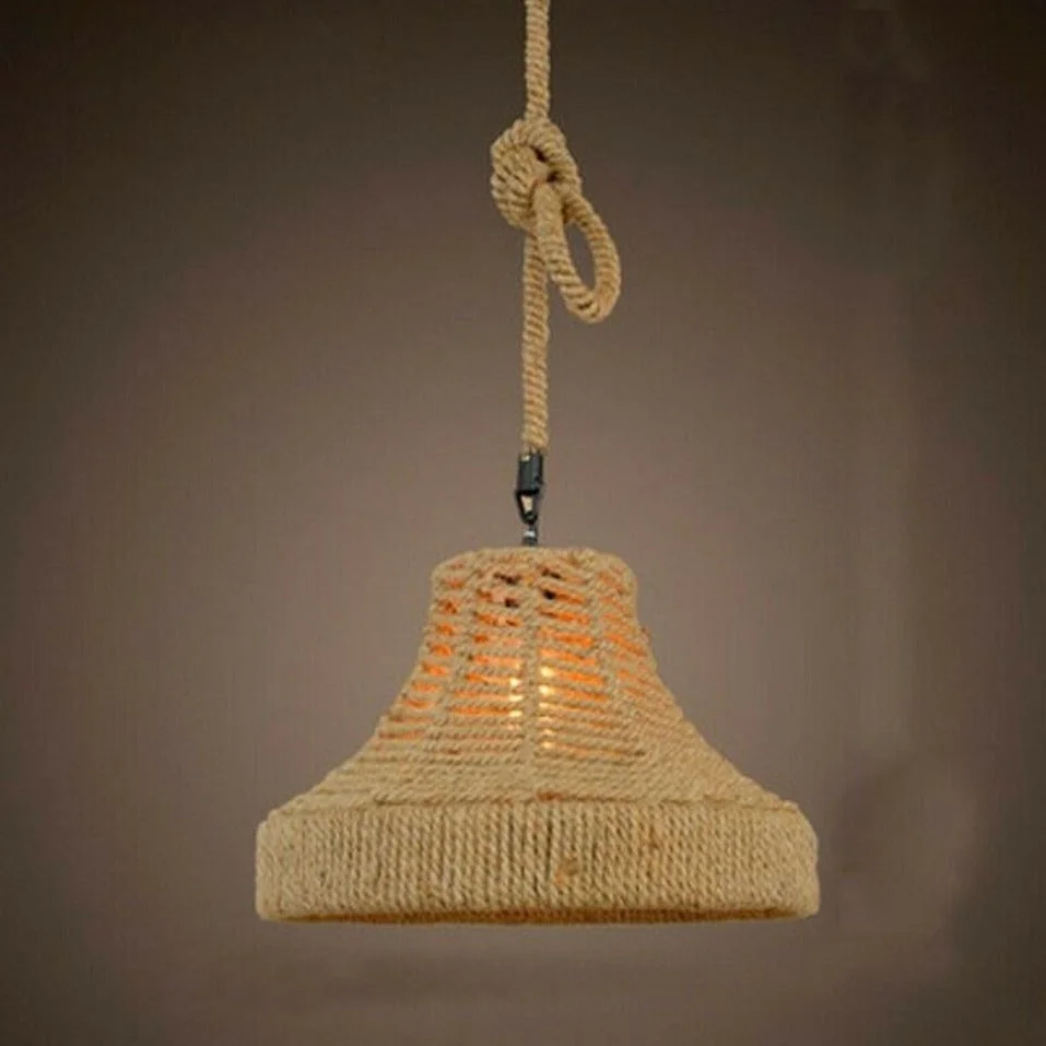 Industrial pendant light with hemp rope cage, metal hook, E27 bulb holder, modern loft aesthetic.