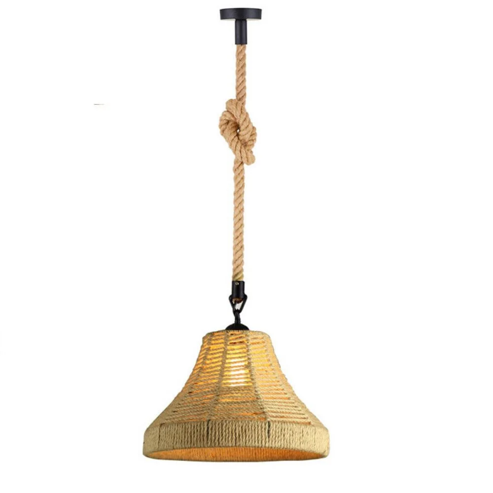 Modern loft ceiling lamp with hemp rope cage, metal hook, adjustable height, E27 bulb holder, industrial style