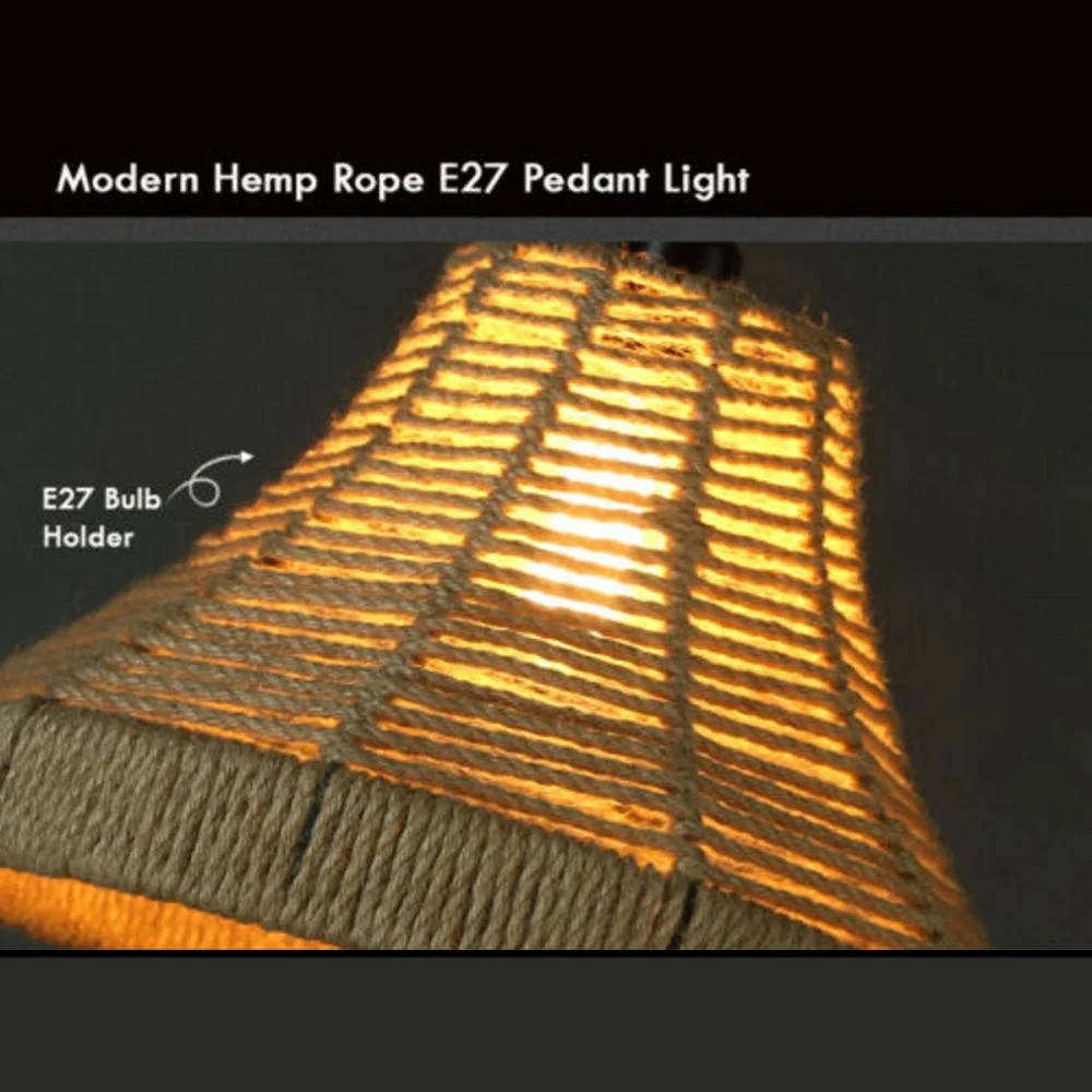 Adjustable height pendant lamp with hemp rope cage shade and metal hook, styled for industrial loft interiors.