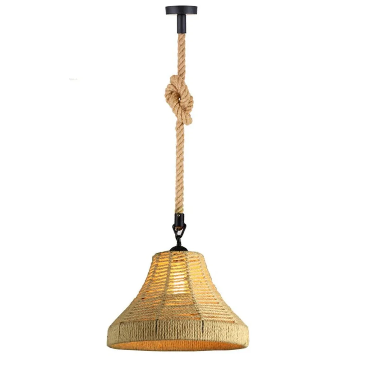 Hemp rope cage pendant lamp, dimmable indoor lamp, with metal hook and E27 bulb holder, modern loft style.