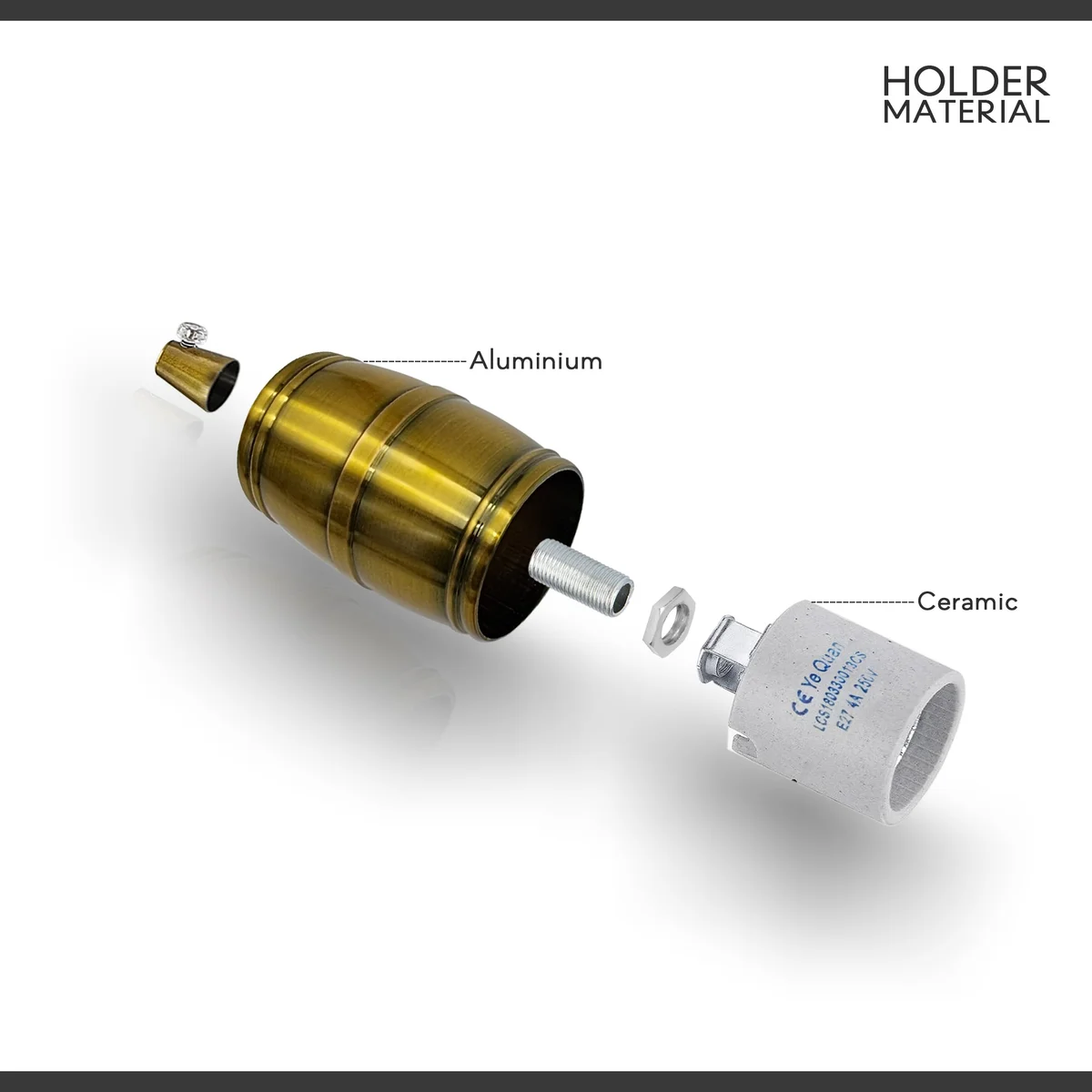 Antique copper E27 screw‑fit bulb socket with barrel design, metal vintage style for indoor lighting.
