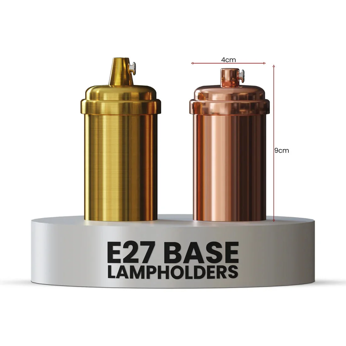 E27 metal lamp holder with rose gold finish, simple metal base, exposed vintage bulb, suitable for table or stairway lighting.