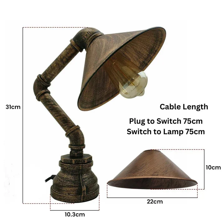Industrial table light in brushed copper style with water pipe base, 22cm shade, optional incandescent bulb.