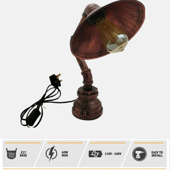 Rustic desk lamp made from water pipe, brushed copper and rustic red shade, 22 cm diameter, 10 cm tall, optional bulb