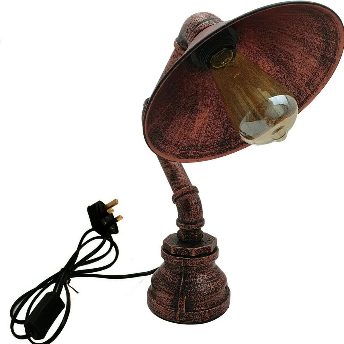 Steampunk desk lamp with brushed copper water‑pipe design and rustic red accents