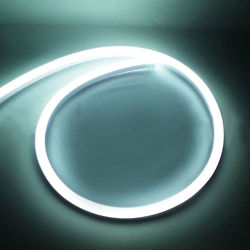 White flexible LED strip, 5m industrial neon LED flex with power cord, connectors and fittings for installation.
