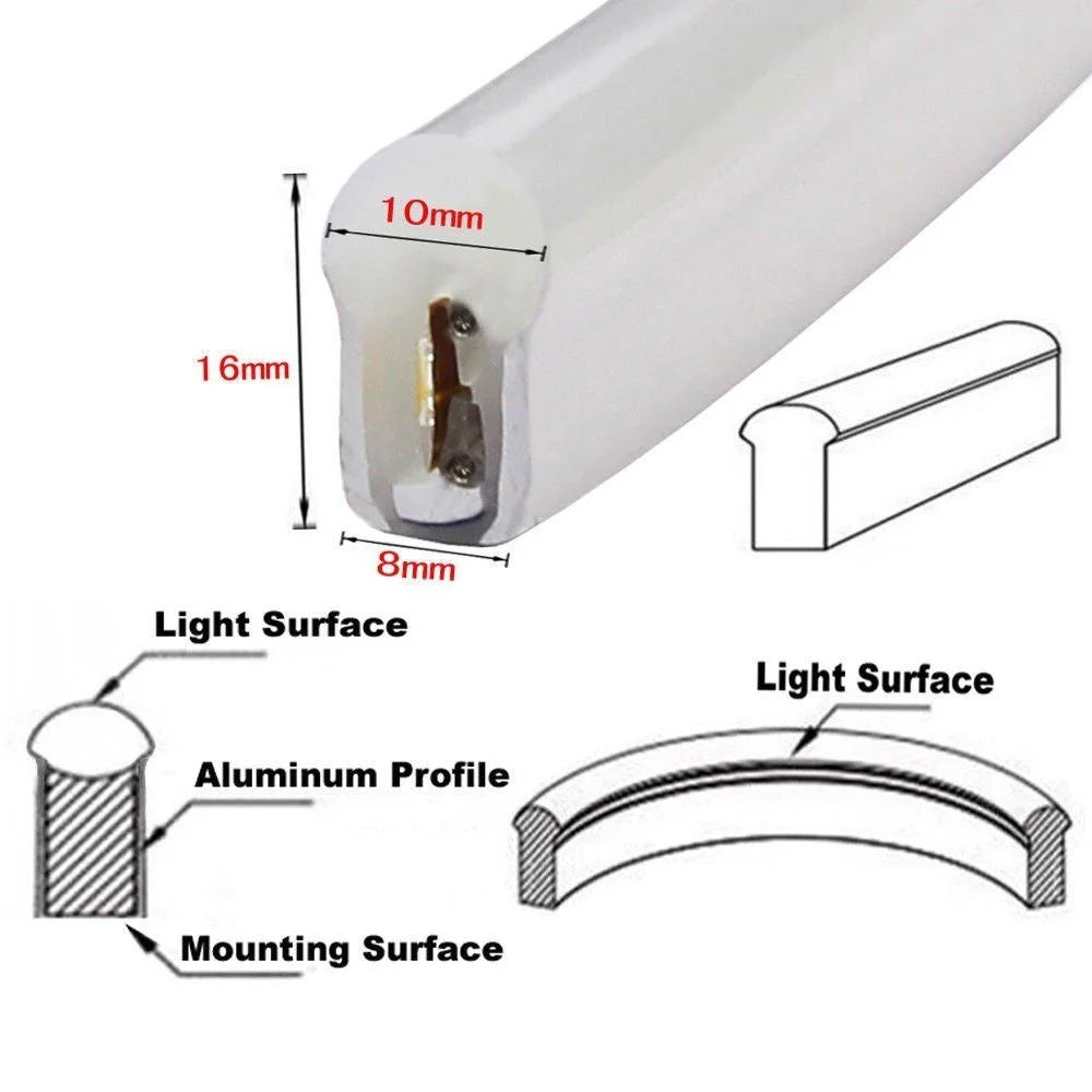 White neon LED strip six feet long, flexible 17mm diameter, bending around a black mount with polished end caps.