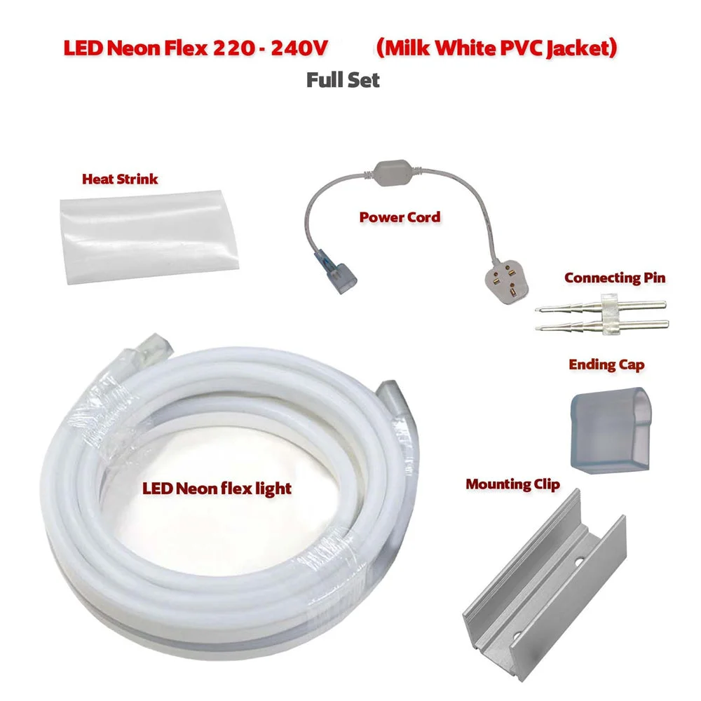 White 5m flexible LED neon light with power cord and end cap, showing its 17mm flexible tube and mounting clip.