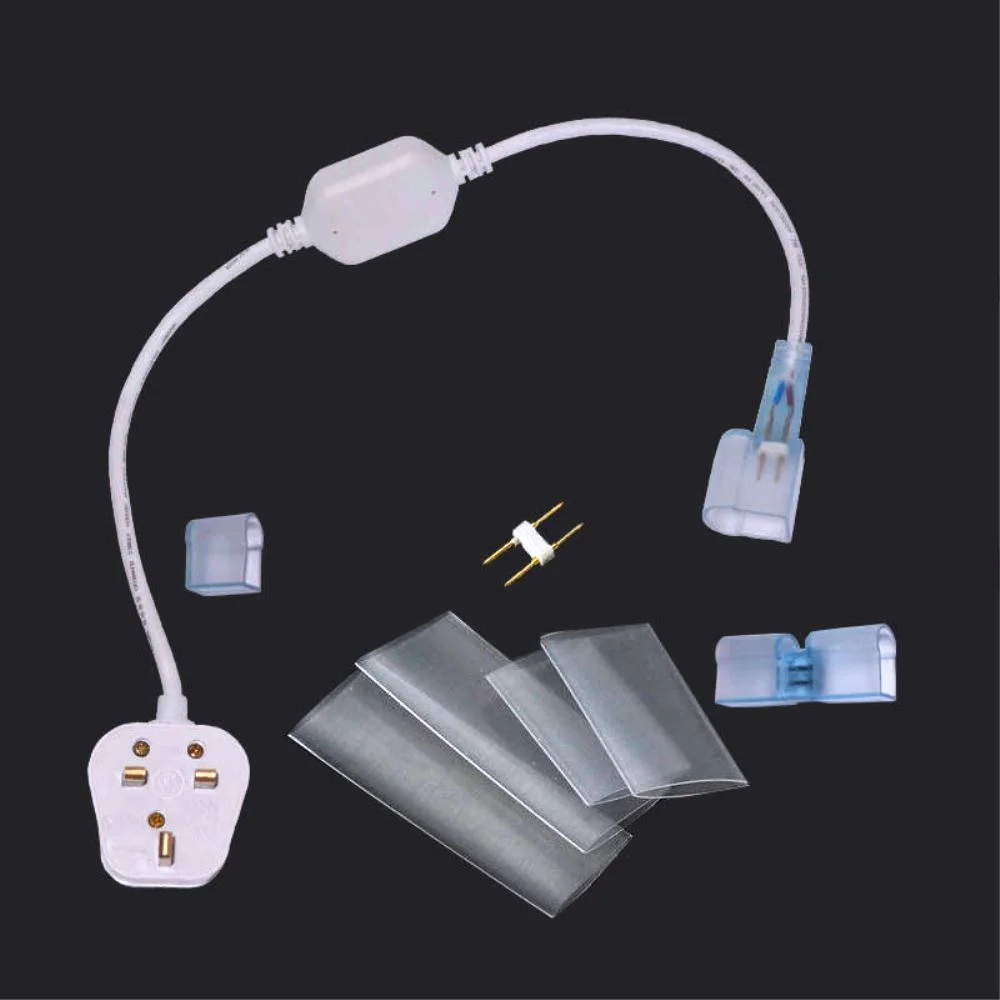White 5m flexible neon LED strip with end cap and plug, wrapped in heat-shrink, illustrating energy efficient neon lighting