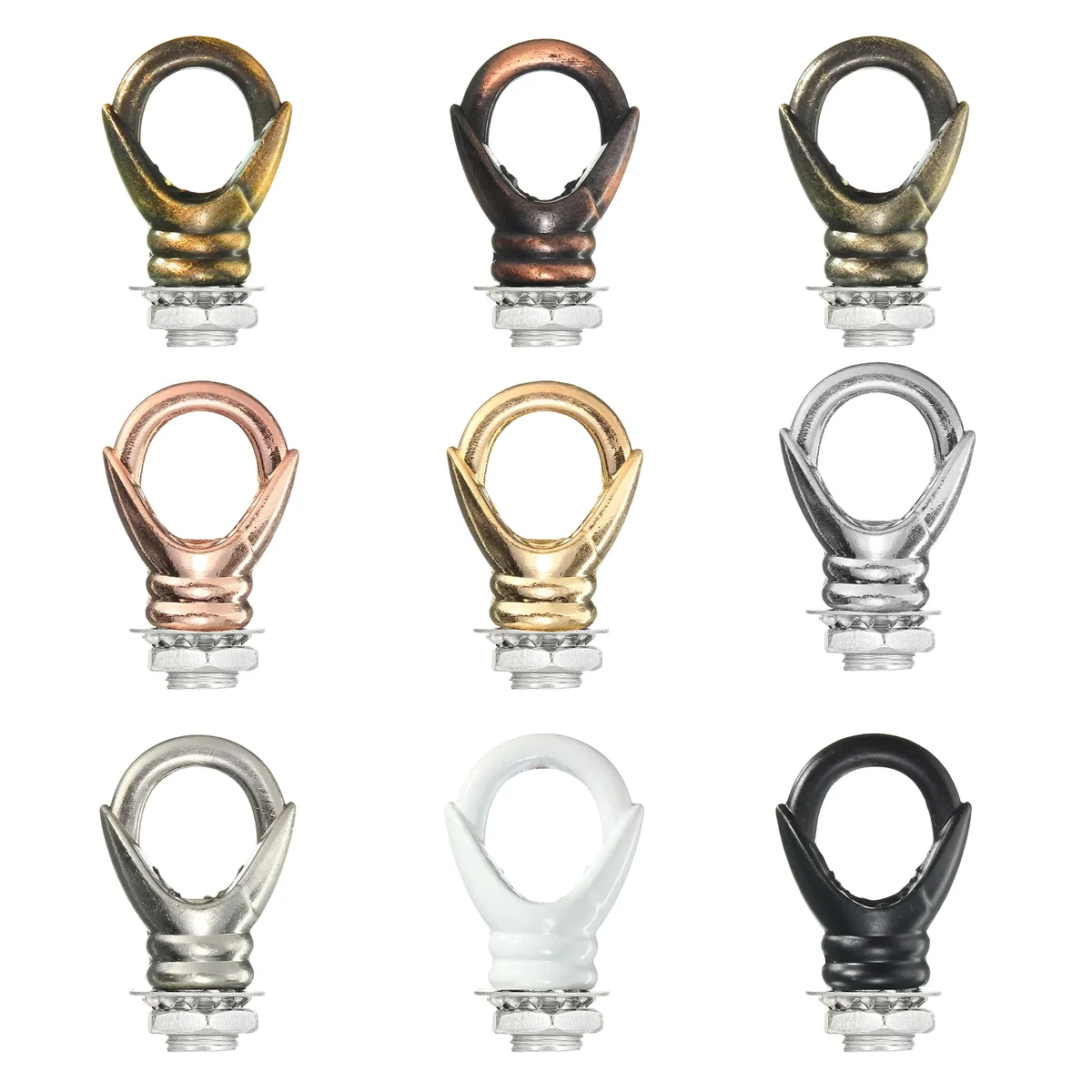 Aluminum M10 threaded ceiling hook – 31 mm long, 10 mm wide, curved design with 20 mm opening gap, ready to hang lights.