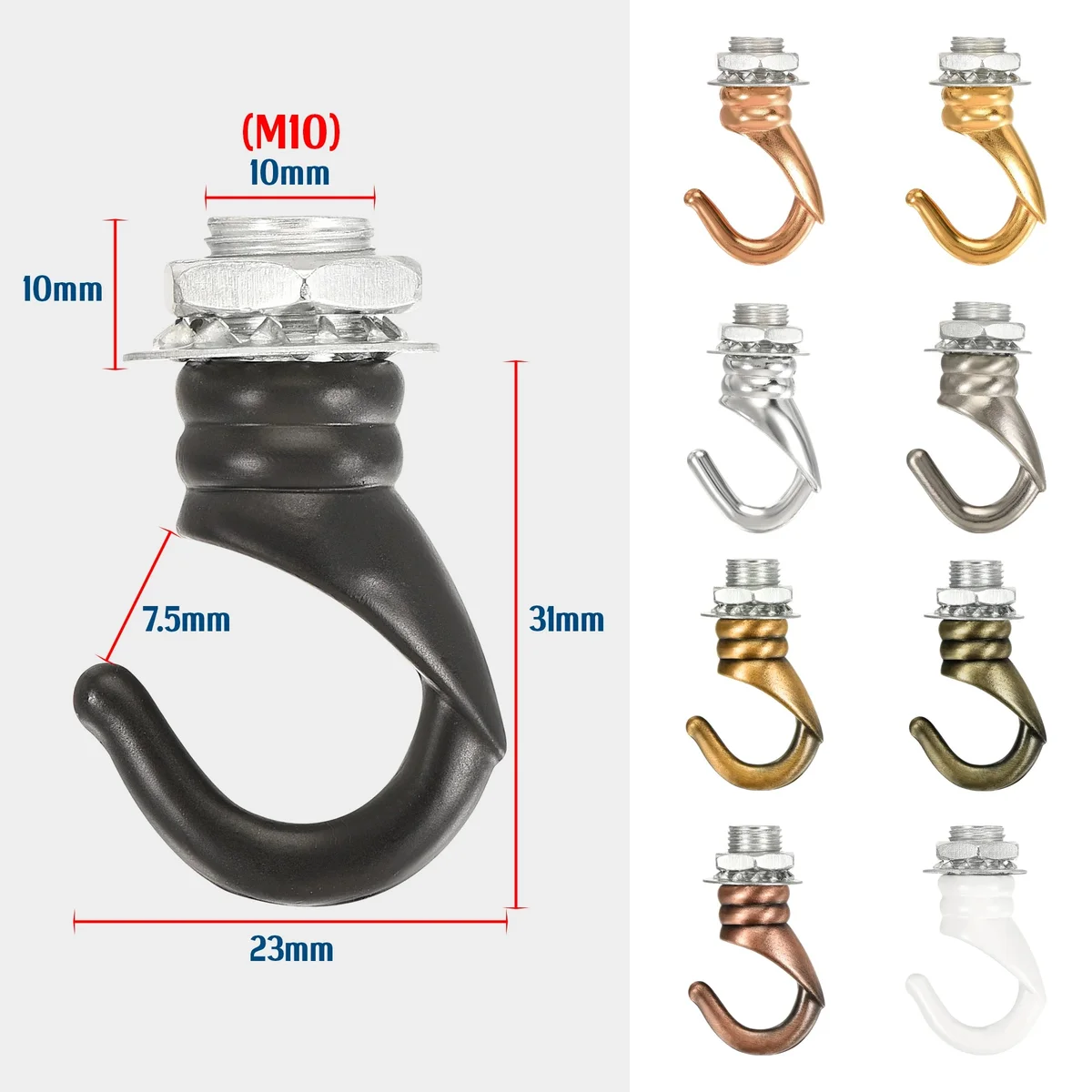 Aluminium curved M10 ceiling hook, 31mm long with 23mm width and 7.5mm opening gap, ideal for pendant lights.
