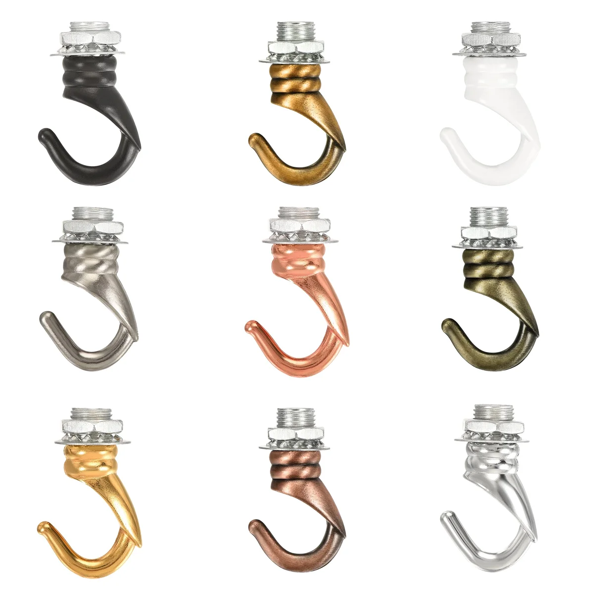 Aluminum pendant light hook, 31mm curved hook with 10mm M10 thread, 23mm width, 7.5mm gap, packaging contains single hook