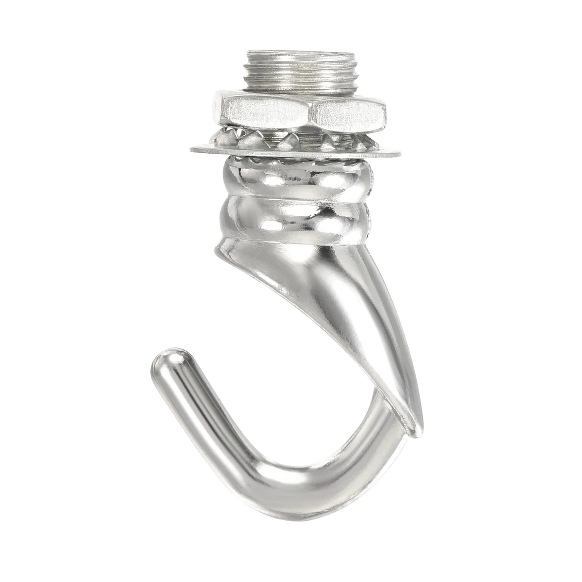Aluminum ceiling hook for lighting, 31mm length, M10 thread, curved design shown in close‑up