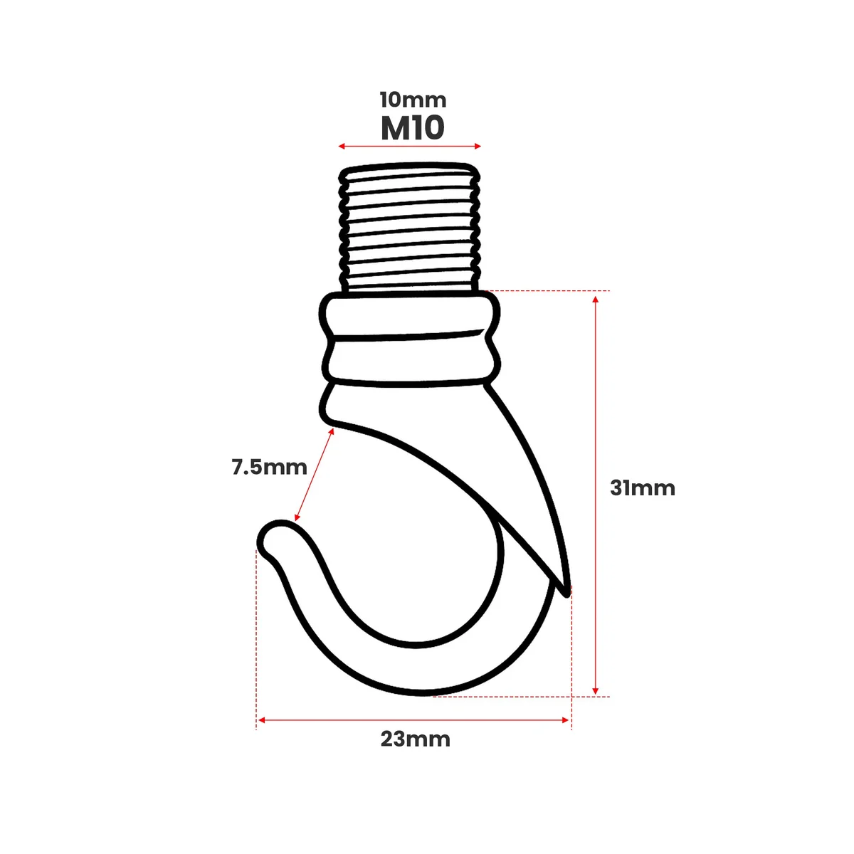 Aluminium M10 threaded ceiling hook, 31mm long, 23mm wide, curved for DIY lighting hook.