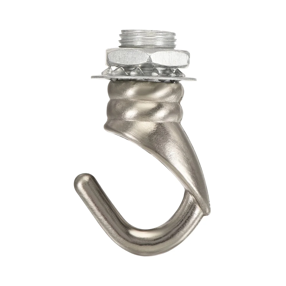 Aluminum M10 ceiling hook with curved design, 31mm length, 23mm width, 7.5mm gap, shown in a neat assembly.