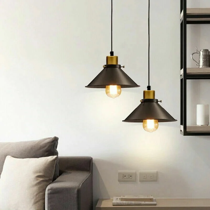 Vintage pendant light with a 22cm black cone shade, hanging from a 100cm black fabric‑covered cable.