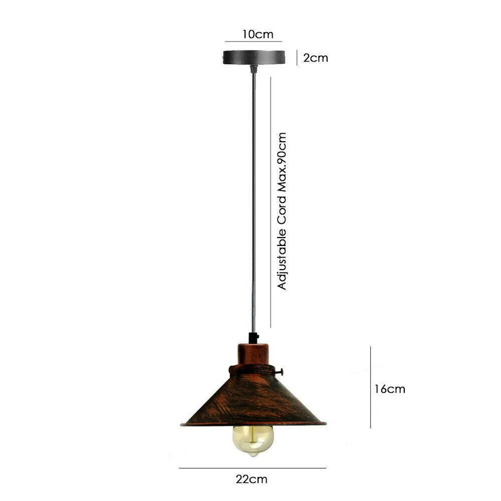 Black metal pendant light with 100 cm black fabric cable, 22 cm diameter shade, 16 cm height, E27 socket.