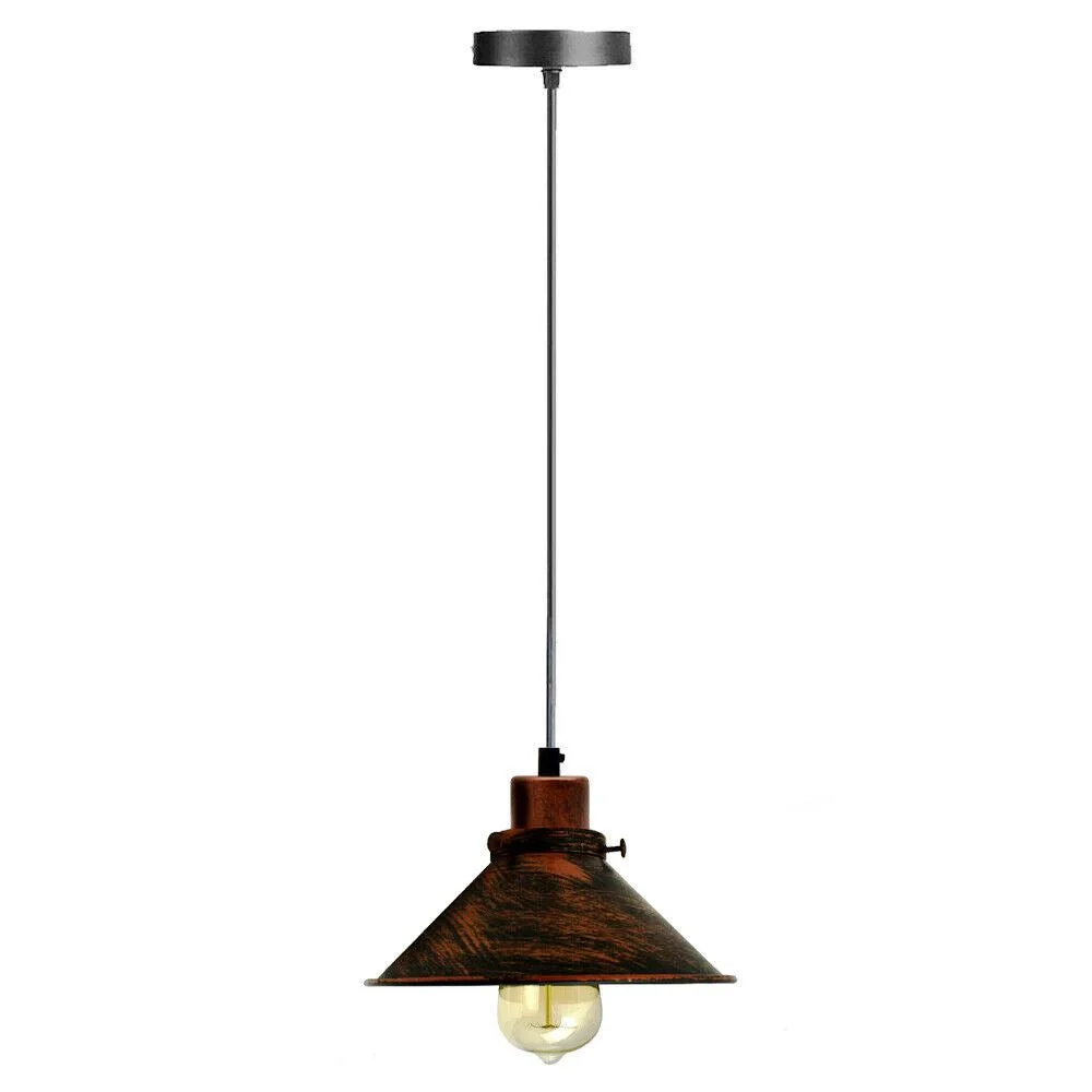 E27 pendant light with black metal cone shade, 22 cm diameter and 16 cm height, hanging on a black fabric cable.