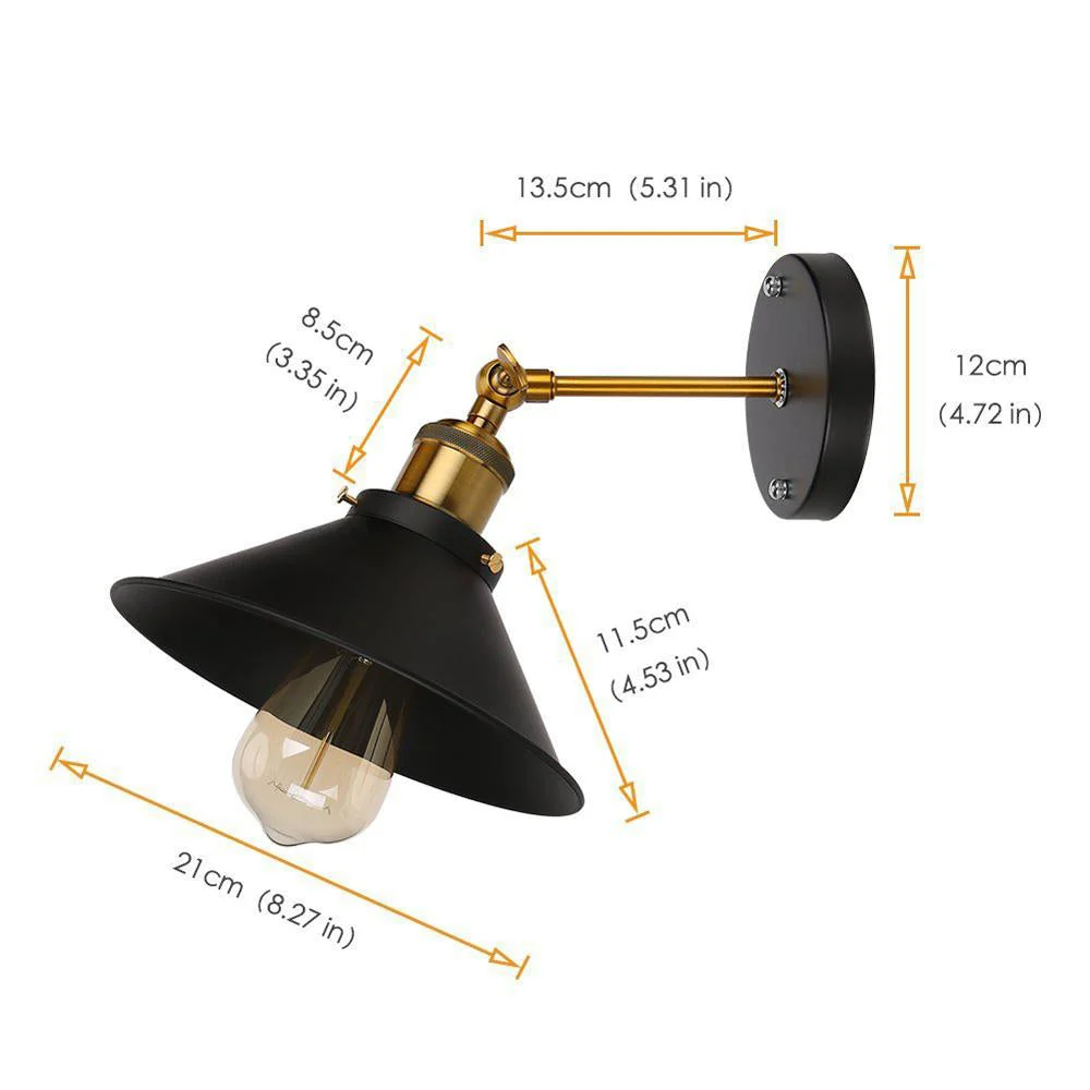 Black industrial style wall light with round shade, fabric cable, wall‑mounted.