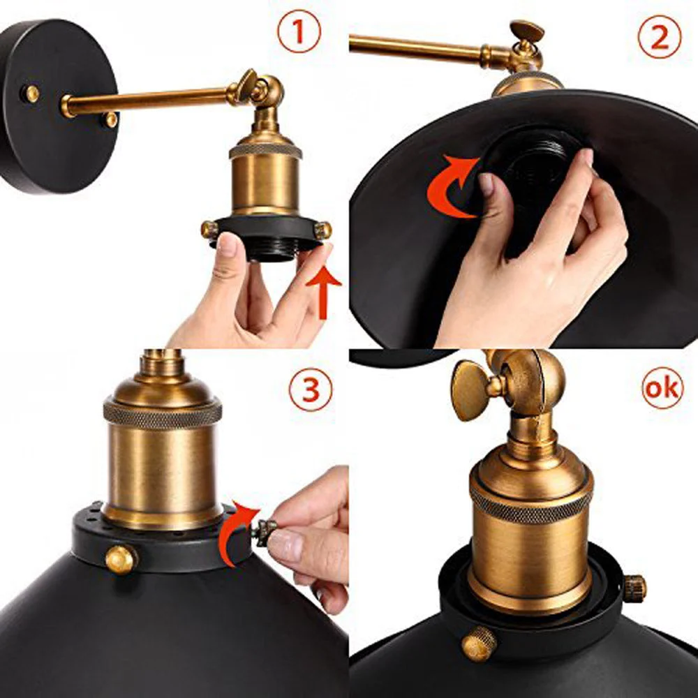 Black E27 socket wall lamp with round 21‑cm shade, adjustable 100‑cm fabric cable, modern design for bedrooms or hallways