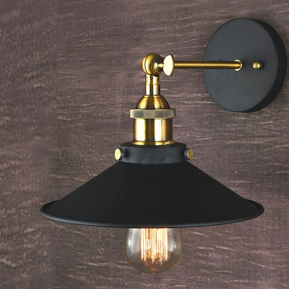 Black wall lights with sleek modern design, round 21 cm shade, black fabric cable, E27 socket, wall mounted.