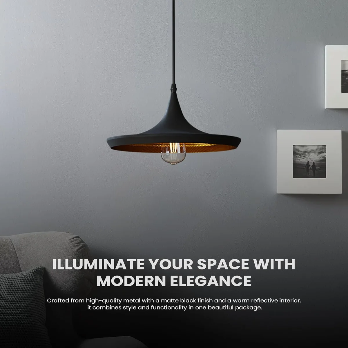 Vintage ceiling pendant light with metal shade, industrial retro style, gold finish, adjustable to 95 cm.